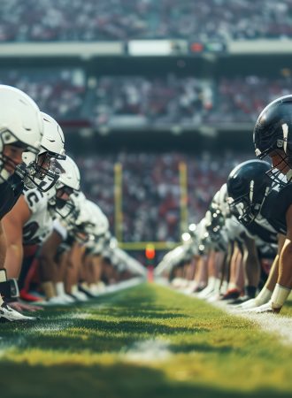 American football teams face off at the line of scrimmage, players in full gear with intense focus on stadium. Ready to start the game. Concept of professional sport, tournament, competition