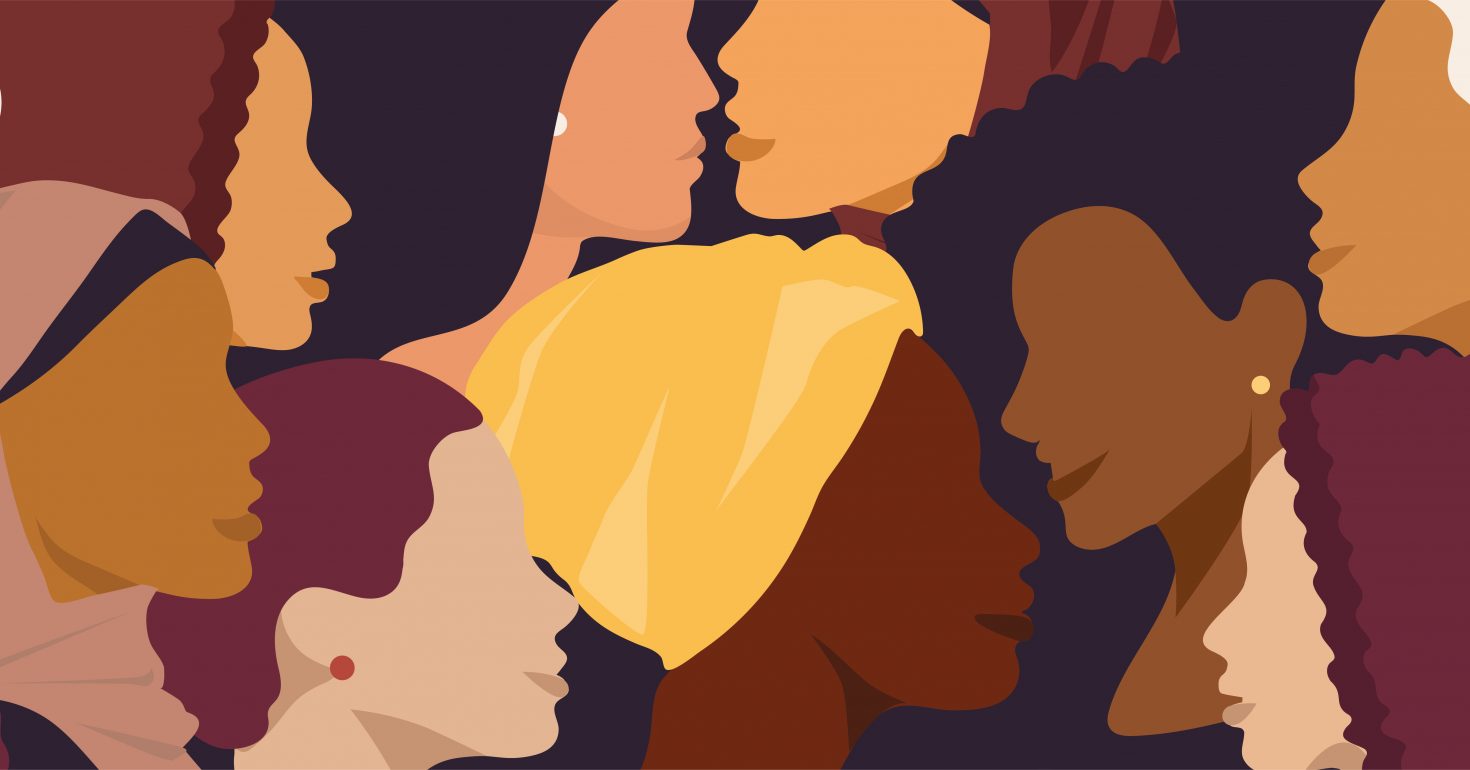 Female diverse faces of different ethnicity seamless seamless pattern horisontal brush. Women empowerment movement pattern. International women's day graphic in vector for banners, stickers, scrapbooking